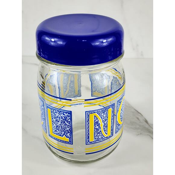 Noel Glass Canister Jar Cookie w/ Blue Lid 7" x 4 1/2" Container Storage - Picture 5 of 16